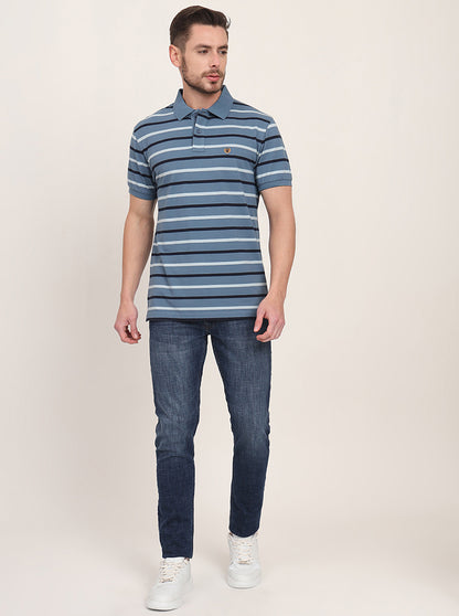 Grey & Navy Blue Striped Slim Fit Polo T-Shirt | JadeBlue