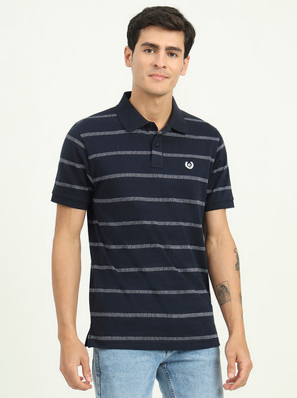 Navy Blue & White Striped Slim Fit Polo T-Shirt | Greenfibre