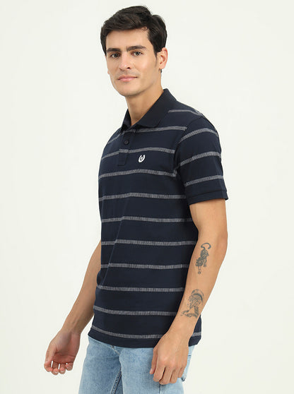 Navy Blue & White Striped Slim Fit Polo T-Shirt | Greenfibre
