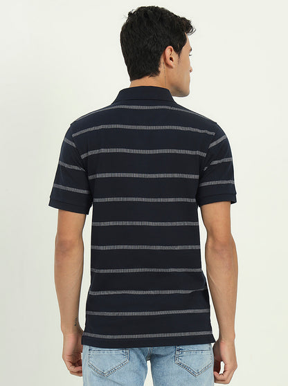 Navy Blue & White Striped Slim Fit Polo T-Shirt | Greenfibre