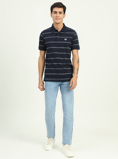 Navy Blue & White Striped Slim Fit Polo T-Shirt | Greenfibre