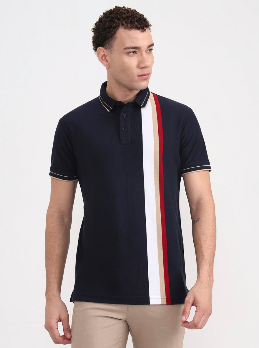 Navy Blue & White Striped Slim Fit Polo T-Shirt | JadeBlue