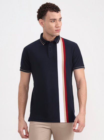 Navy Blue & White Striped Slim Fit Polo T-Shirt | JadeBlue