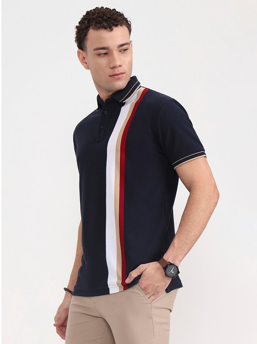 Navy Blue & White Striped Slim Fit Polo T-Shirt | JadeBlue