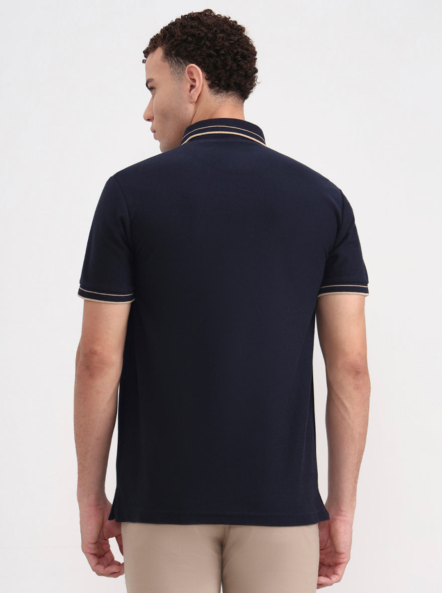 Navy Blue & White Striped Slim Fit Polo T-Shirt | JadeBlue