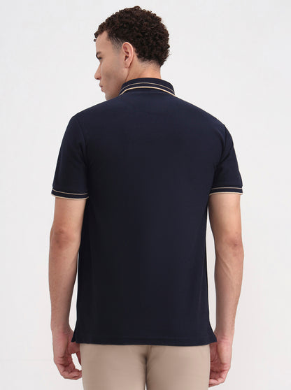 Navy Blue & White Striped Slim Fit Polo T-Shirt | JadeBlue
