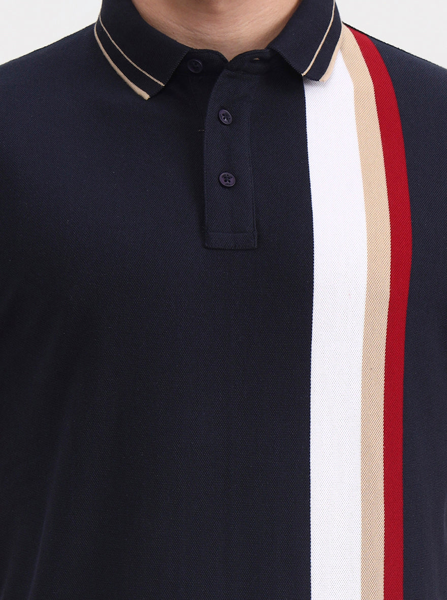 Navy Blue & White Striped Slim Fit Polo T-Shirt | JadeBlue