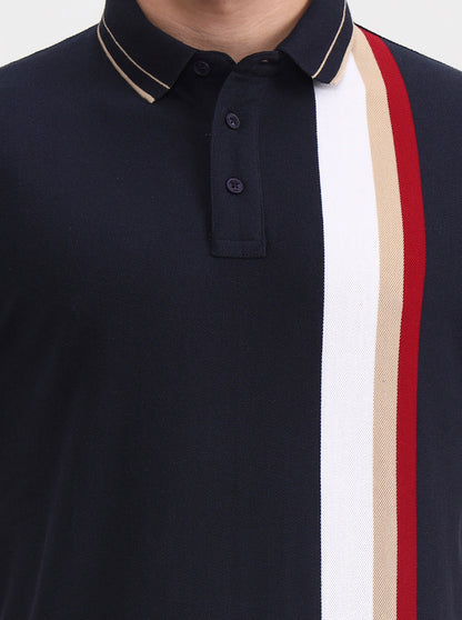 Navy Blue & White Striped Slim Fit Polo T-Shirt | JadeBlue