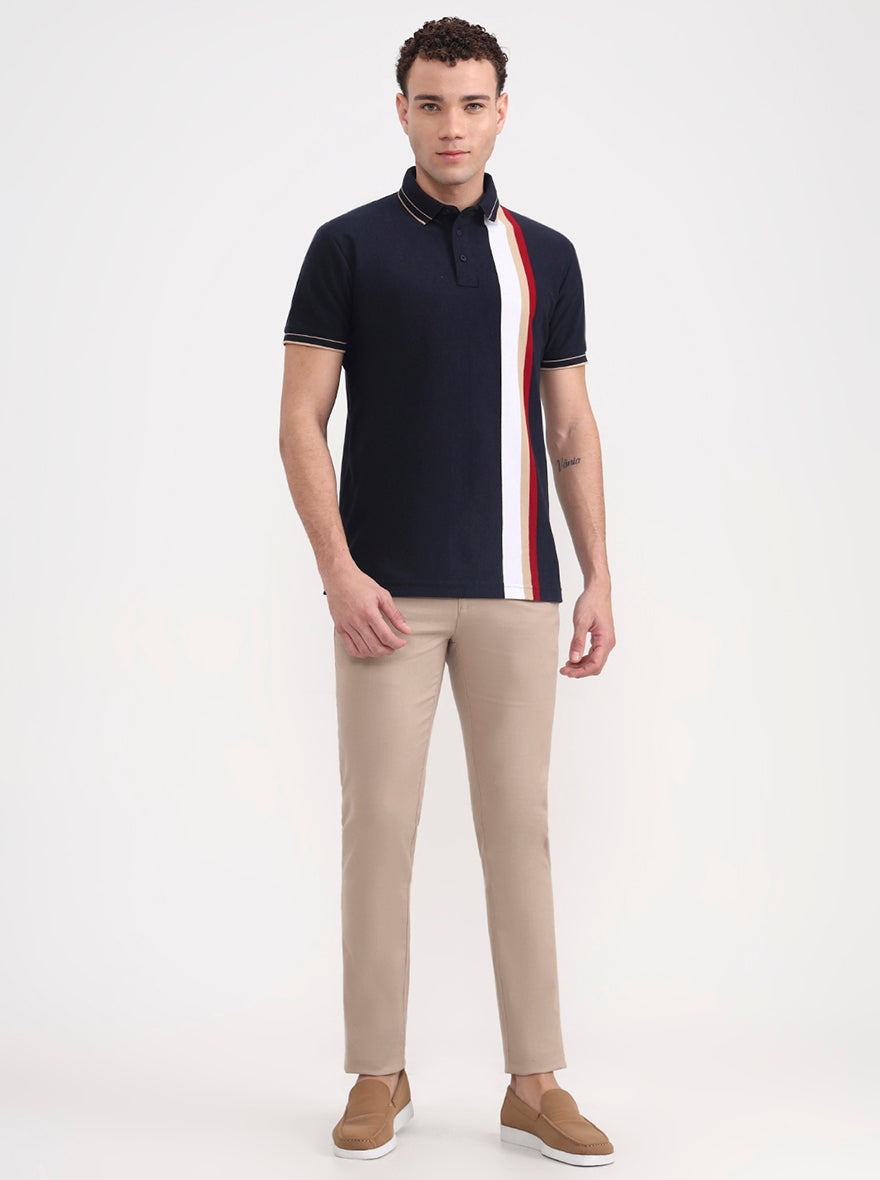 Navy Blue & White Striped Slim Fit Polo T-Shirt | JadeBlue