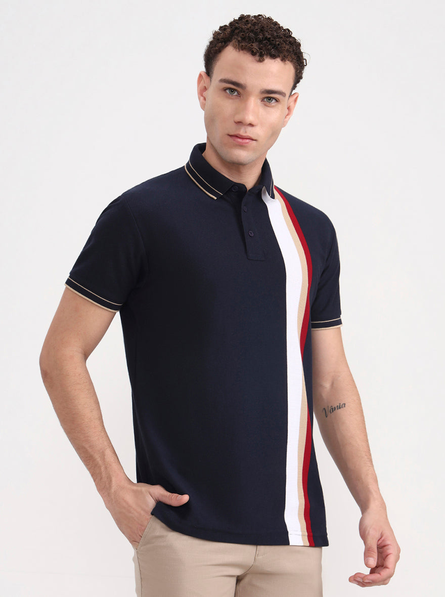 Navy Blue & White Striped Slim Fit Polo T-Shirt | JadeBlue