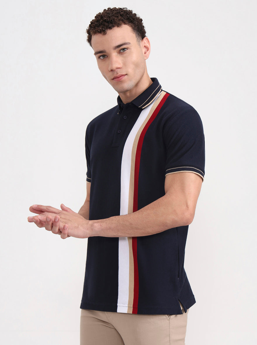 Navy Blue & White Striped Slim Fit Polo T-Shirt | JadeBlue