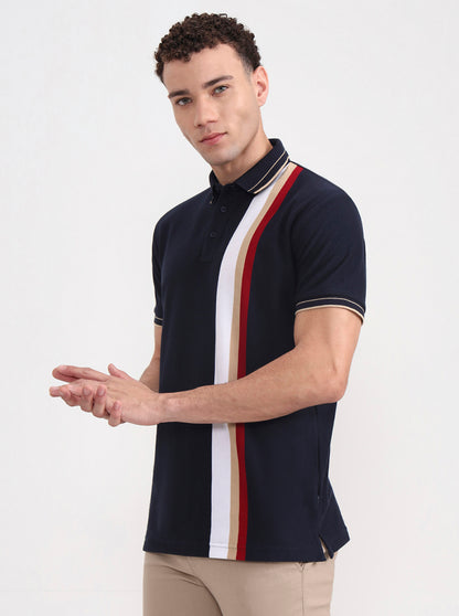 Navy Blue & White Striped Slim Fit Polo T-Shirt | JadeBlue