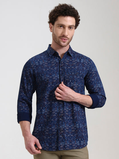 Navy Blue Printed Slim Fit Casual Shirt | JadeBlue
