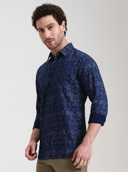 Navy Blue Printed Slim Fit Casual Shirt | JadeBlue