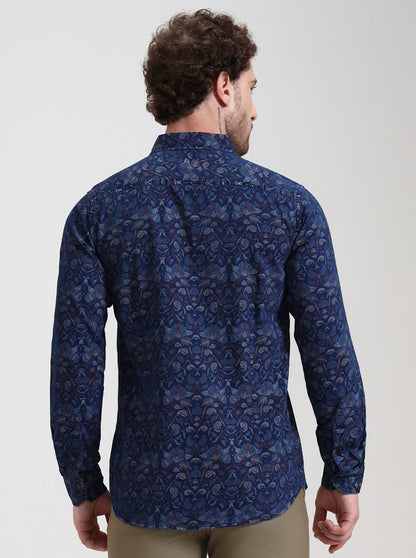 Navy Blue Printed Slim Fit Casual Shirt | JadeBlue