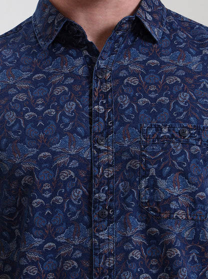 Navy Blue Printed Slim Fit Casual Shirt | JadeBlue