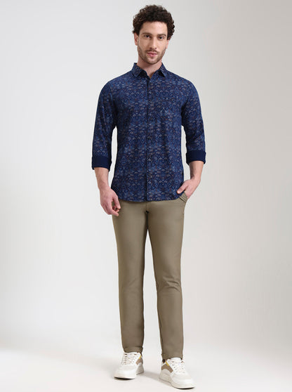 Navy Blue Printed Slim Fit Casual Shirt | JadeBlue