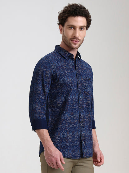 Navy Blue Printed Slim Fit Casual Shirt | JadeBlue