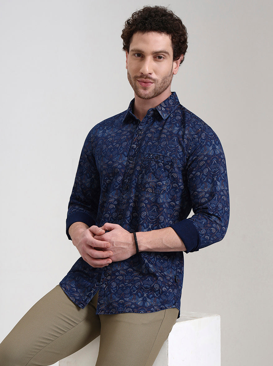 Navy Blue Printed Slim Fit Casual Shirt | JadeBlue