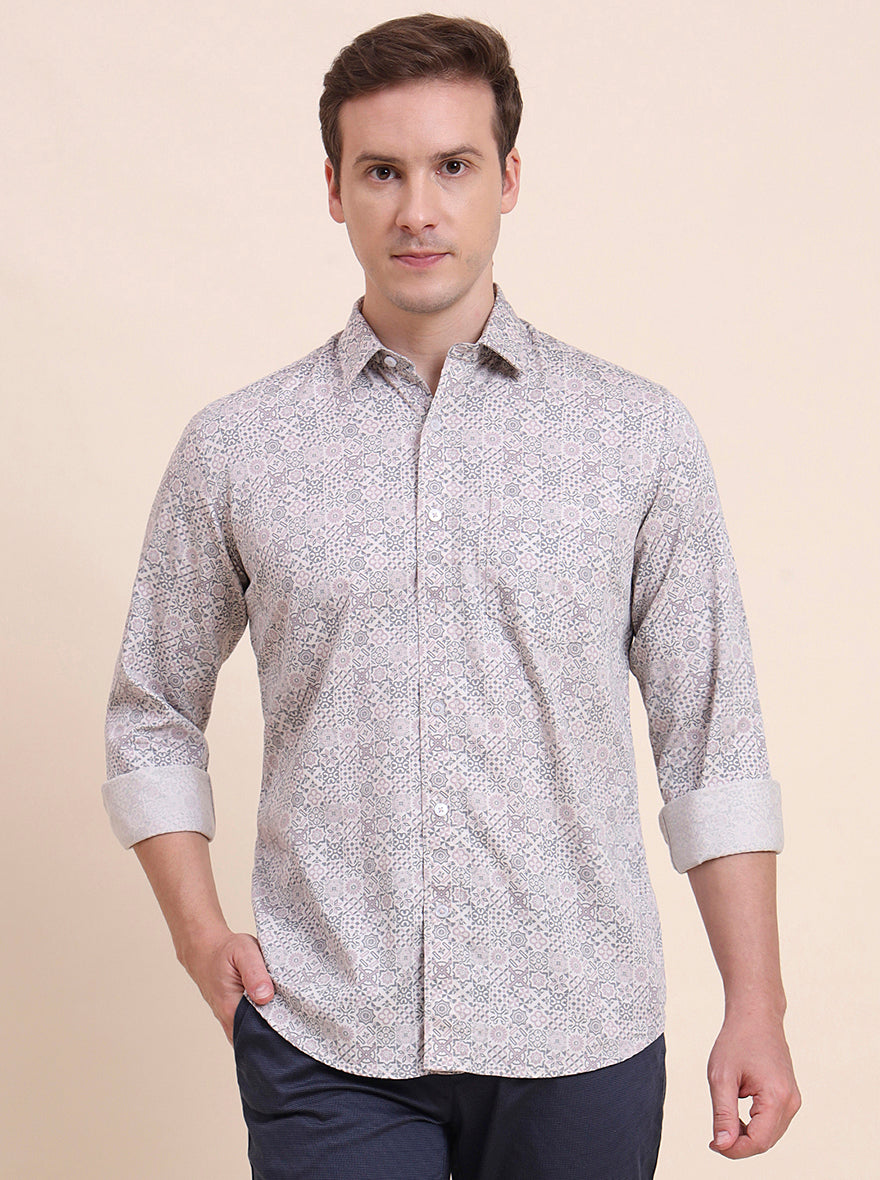 Pink Printed Tailored Fit Semi Casual Shirt | JadeBlue