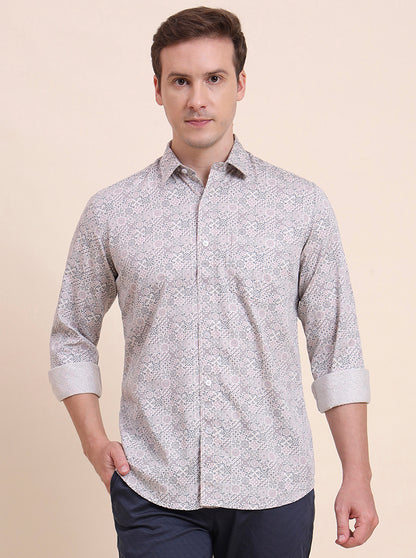 Pink Printed Tailored Fit Semi Casual Shirt | JadeBlue