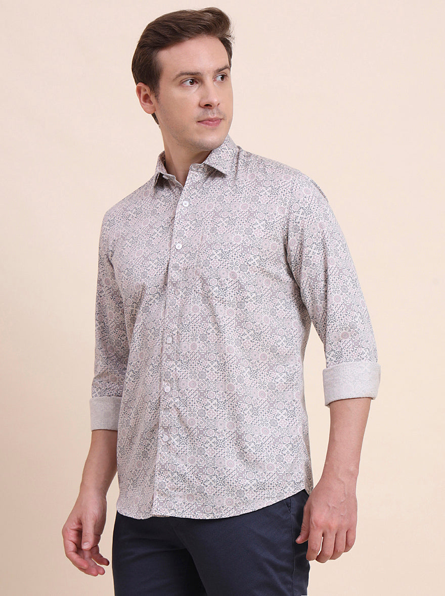 Pink Printed Tailored Fit Semi Casual Shirt | JadeBlue