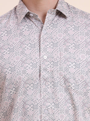 Pink Printed Tailored Fit Semi Casual Shirt | JadeBlue