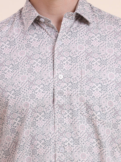 Pink Printed Tailored Fit Semi Casual Shirt | JadeBlue