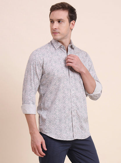 Pink Printed Tailored Fit Semi Casual Shirt | JadeBlue