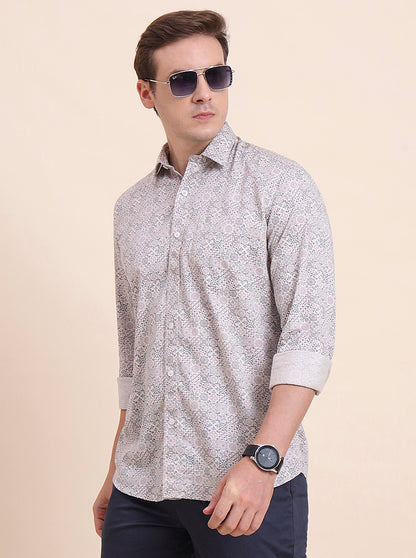 Pink Printed Tailored Fit Semi Casual Shirt | JadeBlue