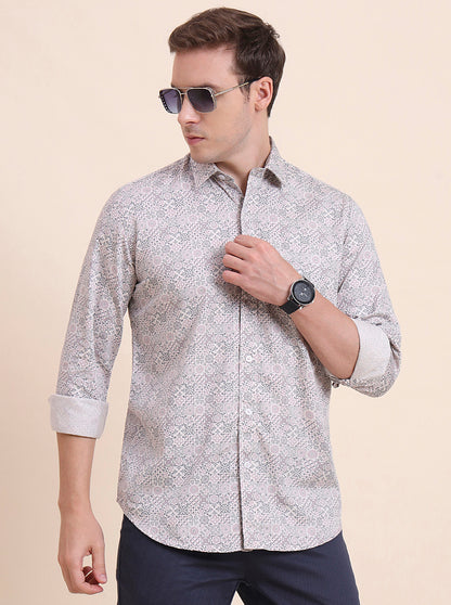 Pink Printed Tailored Fit Semi Casual Shirt | JadeBlue