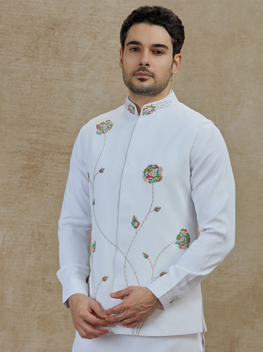 White & Cream Embroidered Kurta Pajama with Koti | TULA