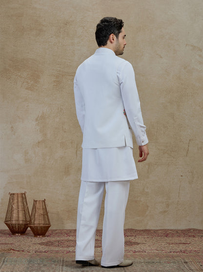 White & Cream Embroidered Kurta Pajama with Koti | TULA