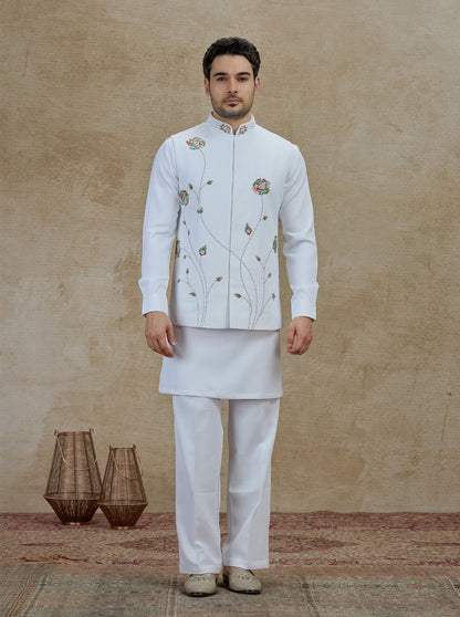 White & Cream Embroidered Kurta Pajama with Koti | TULA