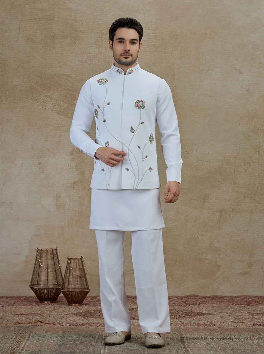 White & Cream Embroidered Kurta Pajama with Koti | TULA
