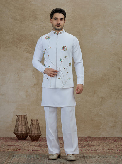 White & Cream Embroidered Kurta Pajama with Koti | TULA