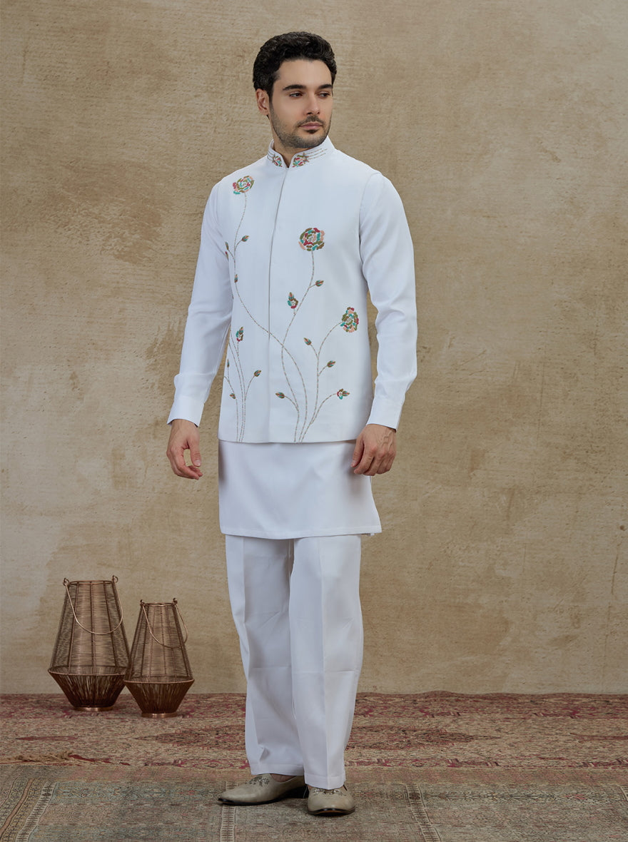 White & Cream Embroidered Kurta Pajama with Koti | TULA