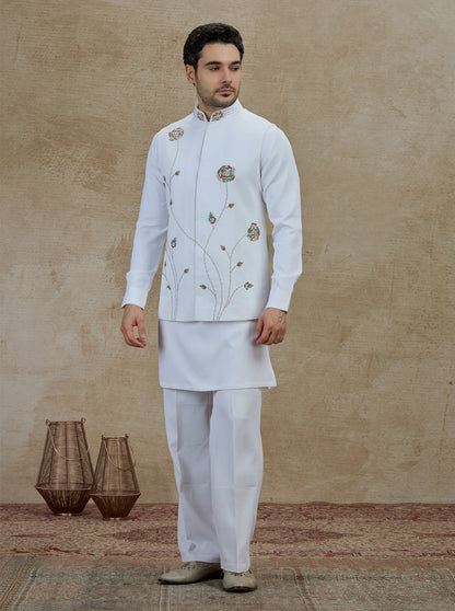White & Cream Embroidered Kurta Pajama with Koti | TULA