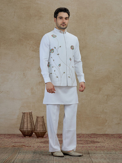 White & Cream Embroidered Kurta Pajama with Koti | TULA