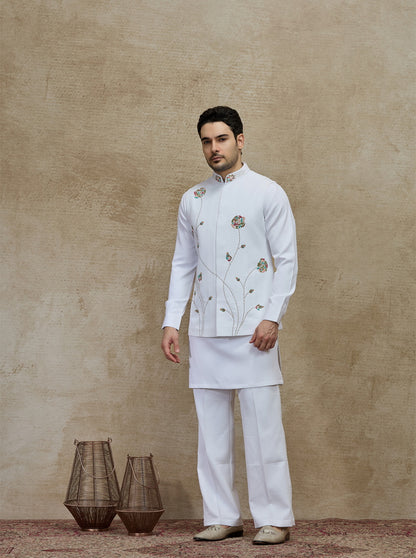 White & Cream Embroidered Kurta Pajama with Koti | TULA