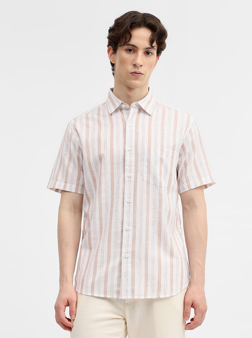 Khaki & White Striped Slim Fit Casual Shirt | Greenfibre
