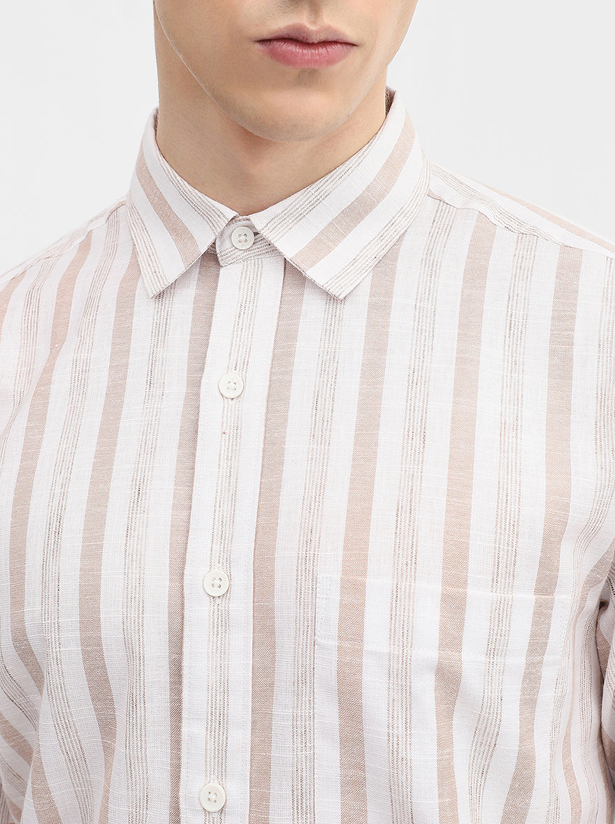 Khaki & White Striped Slim Fit Casual Shirt | Greenfibre
