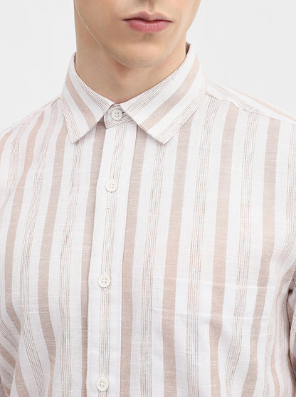 Khaki & White Striped Slim Fit Casual Shirt | Greenfibre