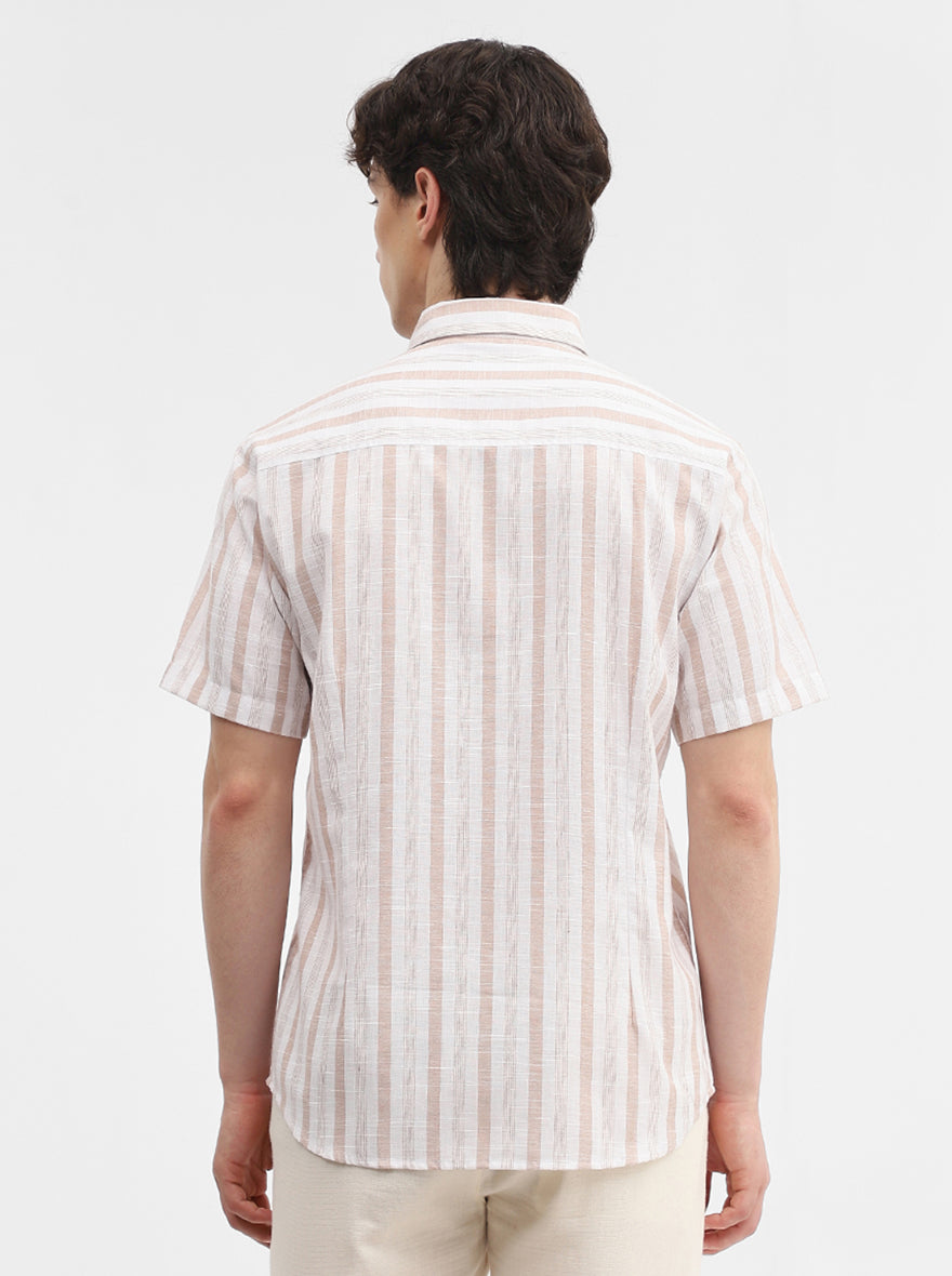 Khaki & White Striped Slim Fit Casual Shirt | Greenfibre