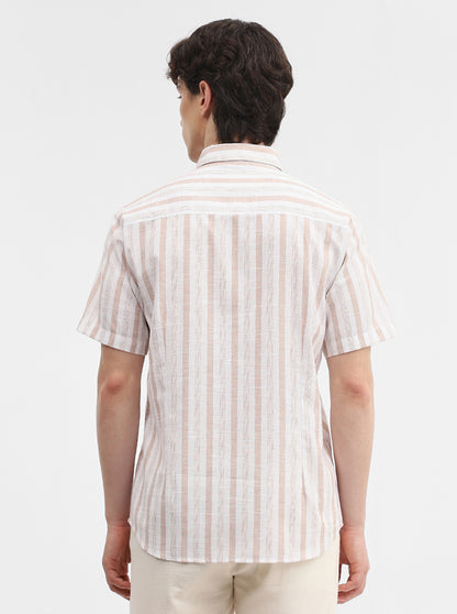 Khaki & White Striped Slim Fit Casual Shirt | Greenfibre