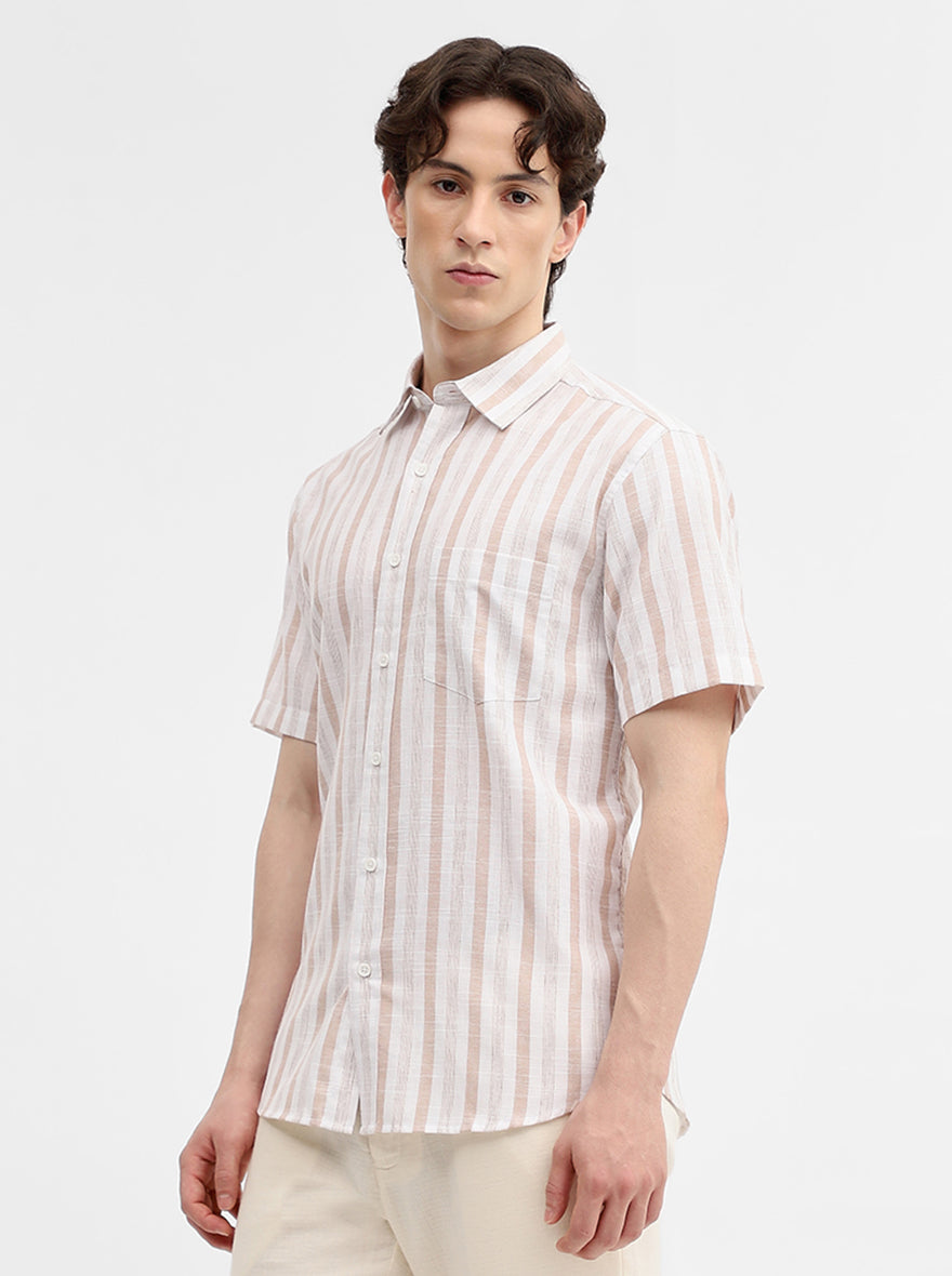 Khaki & White Striped Slim Fit Casual Shirt | Greenfibre