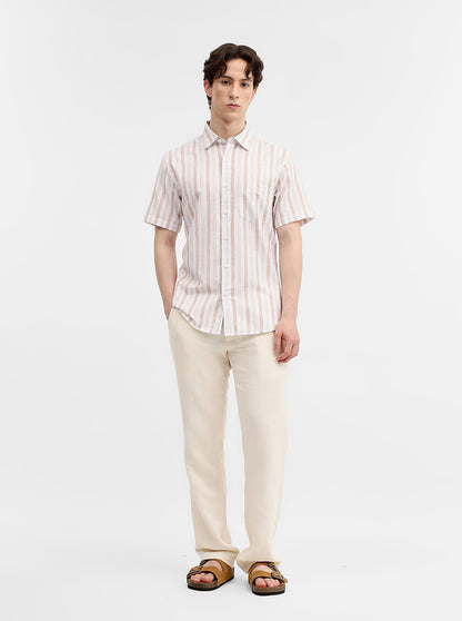 Khaki & White Striped Slim Fit Casual Shirt | Greenfibre