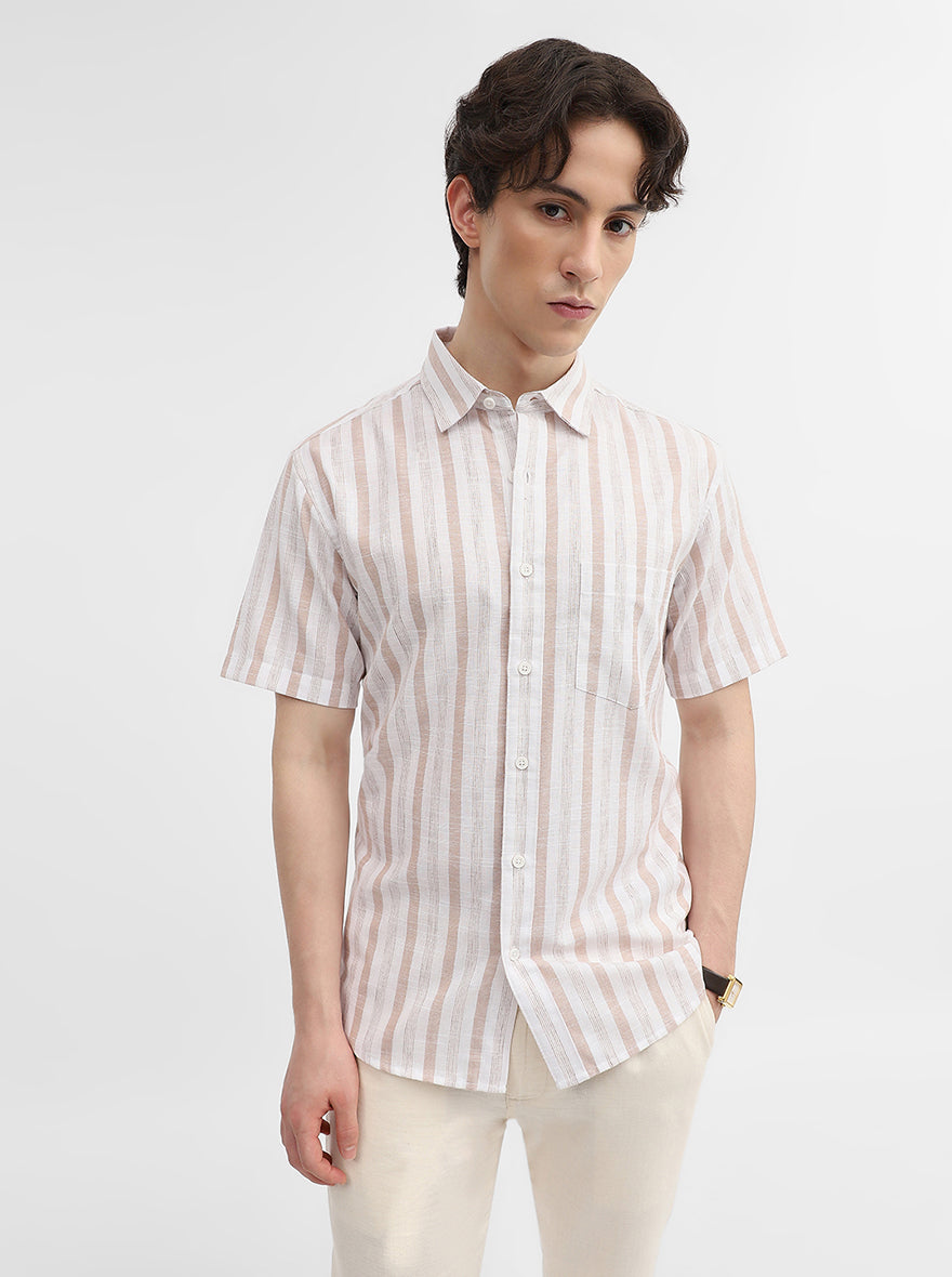 Khaki & White Striped Slim Fit Casual Shirt | Greenfibre