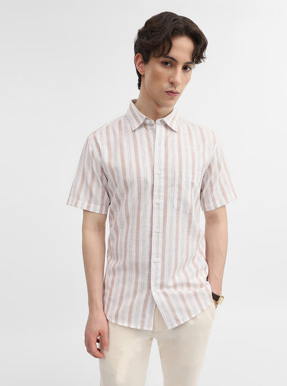 Khaki & White Striped Slim Fit Casual Shirt | Greenfibre