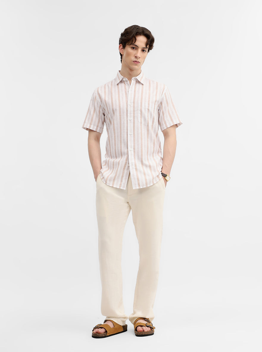 Khaki & White Striped Slim Fit Casual Shirt | Greenfibre